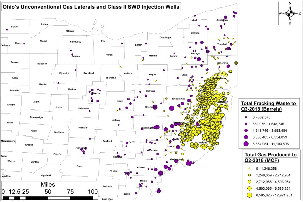 俄亥俄州地图，显示非常规井的累积产量和注水井的废物处理量