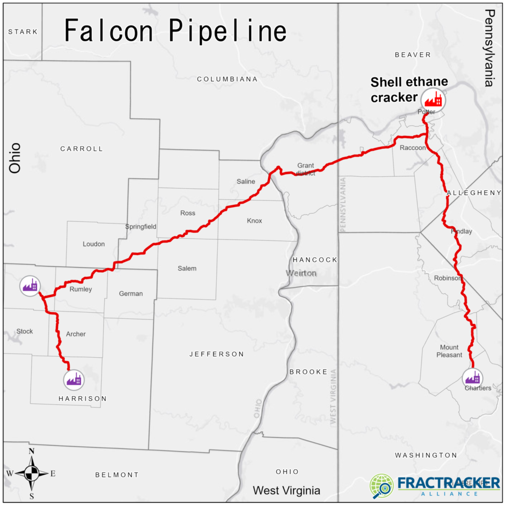 壳牌公司的猎鹰乙烷管道系统穿过俄亥俄州，在俄亥俄河下进入西弗吉尼亚州和宾夕法尼亚州，连接到壳牌公司在宾夕法尼亚州比弗县的乙烷裂解装置。