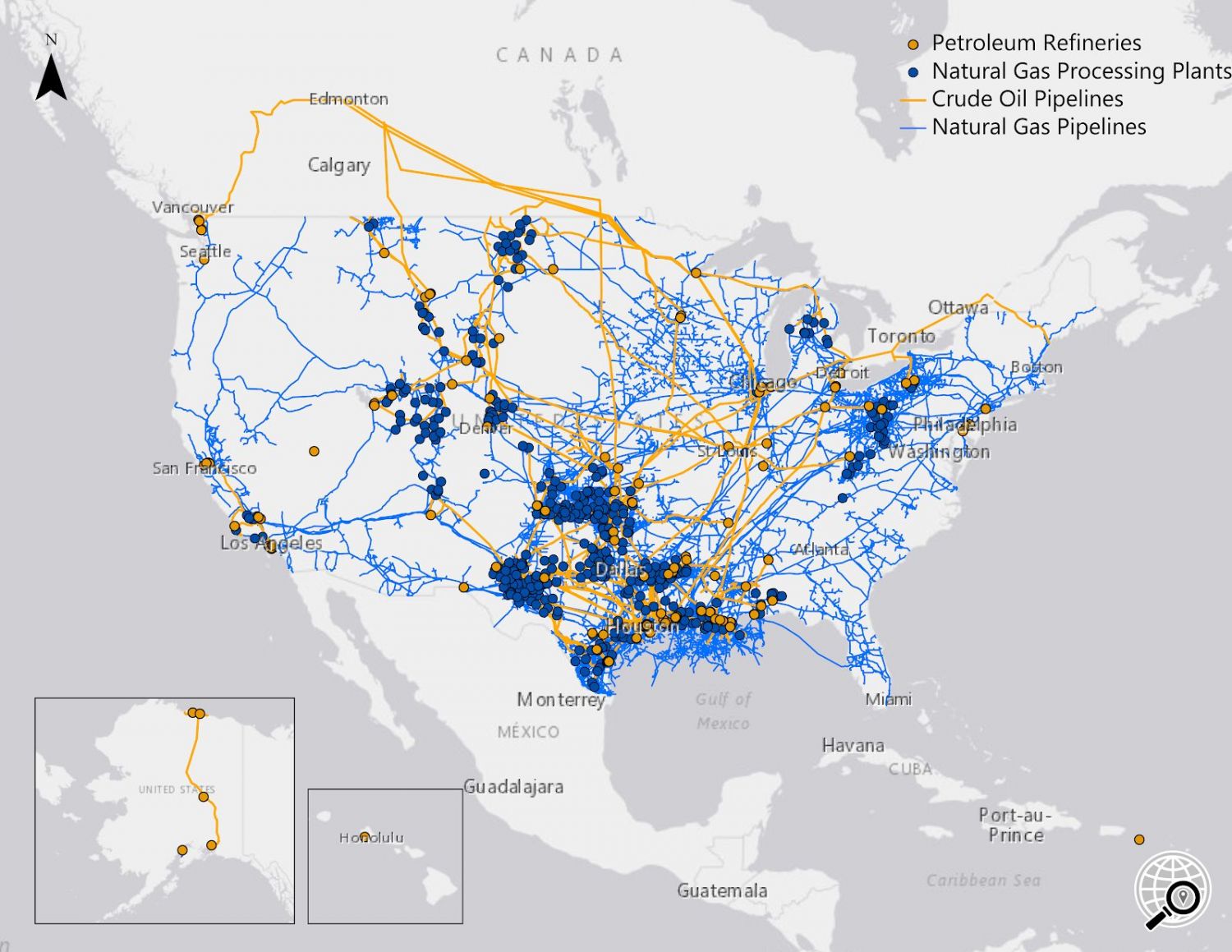 美国管道和处理站地图