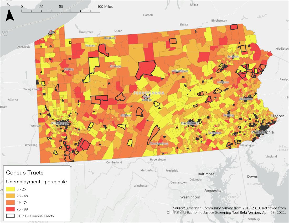 显示宾夕法尼亚州失业率百分比的地图