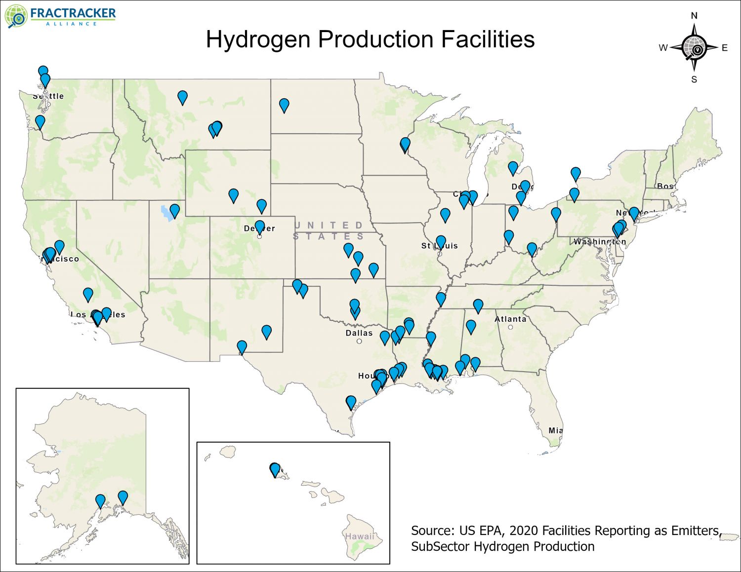 美国氢气生产基地地图