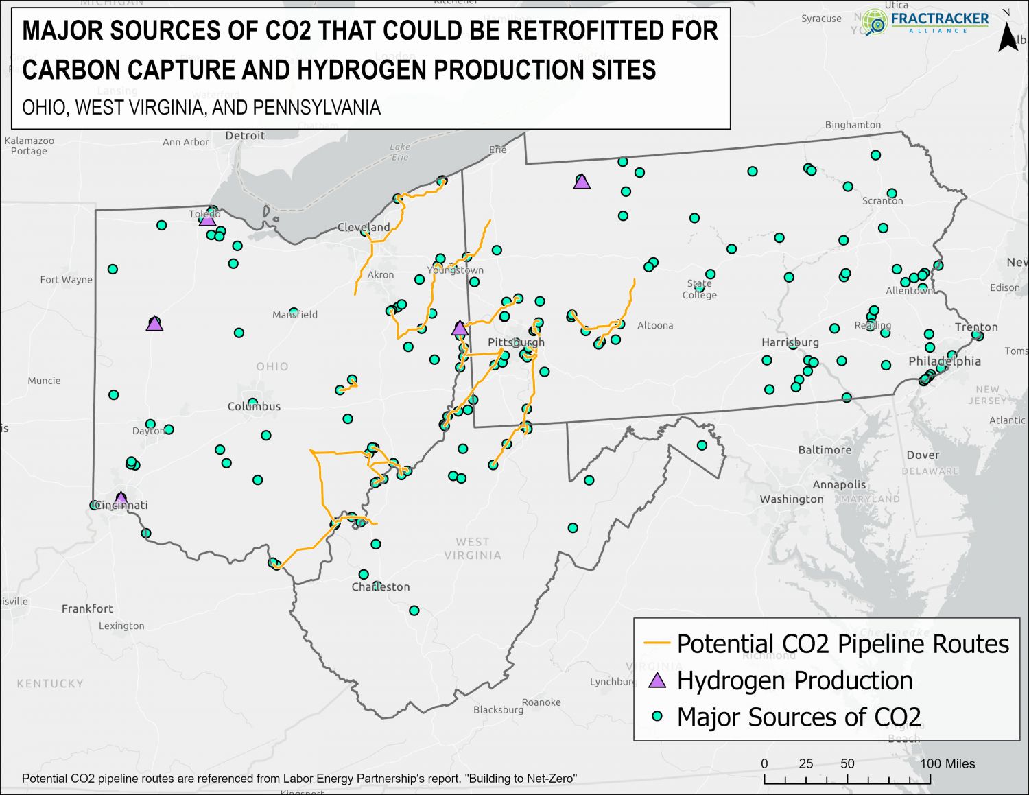 温室气体排放者和潜在的二氧化碳管道路线图